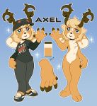  5_fingers anthro antlers black_nose blue_eyes clothed clothing digital_media_(artwork) fingers fur gradient_background hair hat headgear headwear horn male model_sheet nude open_mouth paws scar simple_background smile solo stealthnachos teeth 