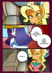  absurd_res anthro applejack_(mlp) blush caoscore clothed clothing comic dialogue duo equid female friendship_is_magic hand_on_hip hi_res mammal my_little_pony orange_body rarity_(mlp) text url white_body 