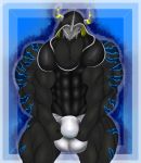  abs anthro balls_outline biceps big_bulge big_muscles big_pecs black_body black_scales blackwargreymon blonde_hair blue_background blue_markings blue_stripes bulge cleavage_cutout clothed clothing digimon digimon_(species) drayce erect_nipples fishnet fishnet_clothing fishnet_headwear fishnet_topwear flexing genital_outline grin hair headgear headwear hi_res hood hoodie horn huge_muscles jockstrap looking_at_viewer male markings mask muscular navel nipples pattern_background pecs red_eyes saixyuniz-xynz scales scalie signature simple_background skimpy smile solo striped_horn stripes teeth_showing topwear underwear vein white_clothing 