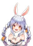  1girl :d animal_ear_fluff animal_ears bangs bare_shoulders black_leotard blue_hair blush bow braid breasts bunny_ears carrot_hair_ornament cleavage commentary_request dress eyebrows_visible_through_hair food_themed_hair_ornament hair_between_eyes hair_bow hair_ornament hololive leotard long_hair looking_at_viewer medium_breasts midorikawa_you multicolored_hair open_mouth puffy_short_sleeves puffy_sleeves red_eyes round_teeth short_sleeves sidelocks simple_background smile solo strapless strapless_dress strapless_leotard teeth twin_braids twintails two-tone_hair upper_teeth usada_pekora virtual_youtuber white_background white_bow white_dress white_hair 