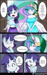  anthro big_breasts breasts caoscore cleavage clothed clothing comic dialogue dress duo english_text equid friendship_is_magic hi_res horn mammal my_little_pony princess_celestia_(mlp) rarity_(mlp) smile text unicorn winged_unicorn wings 
