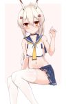  1girl absurdres ayanami_(azur_lane) azur_lane bangs bare_shoulders beige_background black_choker blue_skirt blush breasts choker clothing_request collarbone commentary_request ero_mang-a eyebrows_visible_through_hair hair_between_eyes hair_ornament headgear highres long_hair looking_at_viewer medium_breasts navel orange_eyes ponytail simple_background skirt solo thighhighs white_legwear 