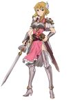  1girl absurdres armor armored_boots bare_arms blonde_hair boots breastplate capelet closed_mouth ebinku feathers fire_emblem fire_emblem:_genealogy_of_the_holy_war green_eyes hair_ornament hand_on_sheath highres nanna_(fire_emblem) pelvic_curtain scabbard serious sheath short_hair shoulder_armor staff sword vambraces weapon 