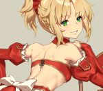  alternate_costume artist_name bangs bare_shoulders blonde_hair bow bra broom detached_sleeves enmaided eyebrows_visible_through_hair fate_(series) from_behind green_eyes leaning_forward looking_back maid medium_hair mordred_(fate) mordred_(fate)_(all) necktie parted_bangs ponytail red_bra simple_background smile strapless strapless_bra underwear white_bow yume_ou 