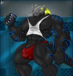  2019 5_fingers anthro armor balls_outline biceps big_muscles big_pecs black_body black_scales blackwargreymon blonde_hair blue_markings blue_stripes bodily_fluids bottle breath bulge claws clothing detailed_background digimon digimon_(species) drayce fingers genital_outline genitals hair headgear helmet hi_res holding_bottle holding_object horn huge_muscles locker locker_room male markings mask muscular nipple_piercing nipple_ring nipples open_mouth panting pecs penis penis_outline piercing poking_out red_clothing red_eyes red_thong saixyuniz-xynz scales scalie shirt signature solo stained_clothing stripes sweat tank_top teeth thong tongue topwear underwear vein veiny_penis water_bottle wet wet_clothing white_clothing yellow_markings 