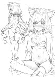  1girl 3: animal_ears ass blush bra breasts cat_ears cat_tail closed_mouth eyebrows_visible_through_hair full_body greyscale hand_on_own_chest kyaru_(princess_connect) long_hair low_twintails monochrome multiple_views mushi024 navel panties princess_connect! princess_connect!_re:dive side-tie_panties sitting small_breasts standing string_panties sweatdrop tail thighhighs twintails underwear underwear_only very_long_hair 