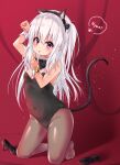  1girl :p animal_ears bare_arms bare_shoulders black_bow black_bowtie black_footwear black_hairband black_legwear blush bow bowtie breasts cat_ears cat_tail collar covered_navel detached_collar eyebrows_visible_through_hair fake_animal_ears finger_to_mouth full_body hair_between_eyes hairband hands_up high_heels highres kakoto kittysuit kneeling leotard long_hair looking_at_viewer nyan original pantyhose paw_pose purple_eyes shoes shoes_removed sidelocks small_breasts solo tail tongue tongue_out white_collar white_hair wrist_cuffs 
