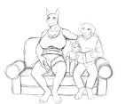  anthro arm_around_shoulders big_breasts book bottomwear breasts canid canine canis clothing controller daniel_porter daniel_porter_jr dobermann domestic_dog family father father_and_child father_and_son female furniture group hi_res hladilnik huge_breasts larger_female male male/female mammal monochrome mother mother_and_child mother_and_son muscular muscular_female pants parent parent_and_child pinscher reading remote_control shirt shorts size_difference sofa son t-shirt tank_top topwear tracy_porter 