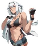  1girl absurdres animal_ears black_bikini_bottom black_bikini_top body_markings breasts caenis_(fate) cleavage cowboy_shot dog_ears fate_(series) fingerless_gloves gloves grey_hair hair_intakes highleg highres jacket large_breasts short_shorts shorts t-lex white_background white_jacket 