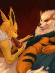  2020 3:4 animal_genitalia animal_penis anthro anthrofied arcanine balls canid canine canine_penis duo eeveelution genitals grin hi_res inside jaykat jolteon knot lying male male/male mammal nintendo nipples nude on_back oral penis pok&eacute;mon pok&eacute;mon_(species) simple_background smile video_games 