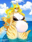  absurd_res anthro belly big_belly big_breasts bikini blonde_hair blue_eyes blue_highlights breasts cleavage clothed clothing curvy_figure day female fish hair hand_on_thigh hi_res highlights_(coloring) long_hair looking_at_viewer marine navel outside pregnant sasha_sweets sea shark solo spottedtigress standing striped_body stripes swimwear thick_thighs voluptuous water wide_hips 
