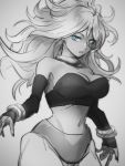  1girl android_21 bare_shoulders blue_eyes bracelet breasts cleavage detached_sleeves dragon_ball dragon_ball_fighterz earrings grey_background greyscale hoop_earrings jewelry kemachiku large_breasts looking_at_viewer majin_android_21 midriff monochrome navel simple_background sketch solo 