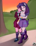  absurd_res anthro bottomwear breasts caoscore clothed clothing duo equid equine female female/female friendship_is_magic hair hi_res horse mammal my_little_pony outside pony purple_hair rarity_(mlp) skirt suri_polomare_(mlp) text tree url white_body 