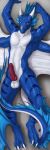  2020 3_toes abs anthro balls blue_body claws dakimakura_design digital_media_(artwork) dragon elu erection fin genitals hi_res horn knot looking_at_viewer male membrane_(anatomy) membranous_wings muscular muscular_male nude penis rakisha scales scalie seductive smile solo spines toes vein veiny_penis western_dragon wings 