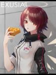  1girl :o apple_pie arknights bangs breasts character_name commentary_request exusiai_(arknights) food halo hand_up high_collar highres holding holding_food id_card indoors jacket letterboxed looking_at_viewer medium_breasts open_mouth ougi_(u_to4410) partial_commentary pie raglan_sleeves red_eyes red_hair short_hair short_sleeves solo upper_body white_jacket 