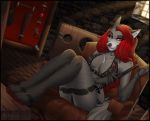  2020 anthro ariveil black_nose canid canine canis clothed clothing detailed_background digital_media_(artwork) female hair mammal red_eyes red_hair sitting smile solo wolf 