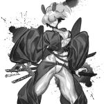  1girl ahoge belt bikini covered_navel extra_eyes fingernails greyscale highres ierotak japanese_clothes kimono long_fingernails medium_hair monochrome no_mouth original rope_belt scabbard sharp_fingernails sheath shiny shiny_skin simple_background sketch solo splatter standing swimsuit twitter_username white_background 