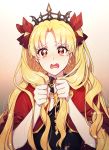  1girl absurdres blonde_hair bow cape diadem earrings ede ereshkigal_(fate/grand_order) fate/grand_order fate_(series) gradient gradient_background hair_bow hair_intakes highres holding holding_hair jewelry long_hair looking_at_viewer open_mouth red_bow red_cape red_eyes solo twintails twitter_username upper_body very_long_hair wavy_mouth white_background 