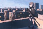  1girl animal anti-materiel_rifle apartment backpack bag bangs bipod black_gloves black_neckwear black_skirt blue_sky bolt_action brown_jacket building cat cheytac_m200 cityscape dress_shirt full_body girls_frontline gloves green_eyes gun highres hinami047 holding holding_weapon hood hood_down hooded_jacket jacket ladder low_ponytail m200_(girls_frontline) necktie open_clothes open_jacket open_mouth pleated_skirt popped_collar purple_eyes rifle rooftop scenery scope shirt shoes sidelocks silver_hair skirt sky skyscraper sniper_rifle sniper_scope socks solo tree wall weapon white_legwear white_shirt wind window 