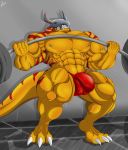  2019 5_fingers anthro armor balls_outline biceps big_bulge big_muscles big_pecs bodily_fluids bulge claws clenched_teeth clothed clothing detailed_background digimon digimon_(species) dripping_sweat exercise eyes_closed fangs fingers genital_outline gym hair headgear helmet hi_res horn huge_muscles male markings mask muscular nipple_piercing nipple_ring nipples pecs piercing red_clothing red_hair red_markings red_stripes red_thong saixyuniz-xynz scales scalie shadow signature skimpy solo stripes sweat teeth teeth_showing thong tile_floor underwear vein wall_(disambiguation) wargreymon weightlifting weights workout yellow_body yellow_scales zarox 