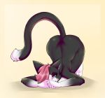  all_fours anthro ass_up dipstick_tail domestic_cat felid feline felis female hair hair_over_eye hi_res leg_markings looking_at_viewer mammal markings multicolored_tail nude one_eye_obstructed pink_hair socks_(marking) solo zinni zinnick 