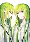  1other artist_name bangs closed_mouth collarbone ede enkidu_(fate/strange_fake) eyebrows_visible_through_hair eyes_visible_through_hair fate/grand_order fate_(series) from_side green_eyes green_hair hair_between_eyes highres long_hair looking_at_another otoko_no_ko robe simple_background smile twitter_username upper_body very_long_hair white_background 