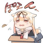  1girl absurdres black_ribbon blonde_hair box cardboard_box chibi crying crying_with_eyes_open dog_tail dyson_(edaokunnsaikouya) hair_flaps hair_ornament hair_ribbon highres in_box in_container kantai_collection leaf long_hair neckerchief red_eyes red_neckwear remodel_(kantai_collection) ribbon scarf school_uniform serafuku sitting solo tail tears translation_request yuudachi_(kantai_collection) 