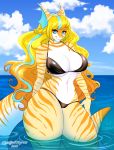  absurd_res anthro big_breasts bikini blonde_hair blue_eyes blue_highlights breasts cleavage clothed clothing curvy_figure day female fish hair hand_on_thigh hi_res highlights_(coloring) long_hair looking_at_viewer marine navel outside sasha_sweets sea shark solo spottedtigress standing striped_body stripes swimwear thick_thighs voluptuous water wide_hips 