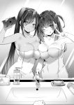 2girls ;q asymmetrical_docking bangs breast_press breasts cellphone cleavage closed_mouth collarbone dark_skin eyebrows_visible_through_hair greyscale hair_between_eyes highres holding holding_phone large_breasts long_hair looking_at_viewer mirror mole mole_on_breast monochrome multiple_girls naked_towel one_eye_closed original phone ponytail shibi side_ponytail sink smile soap tissue tissue_box tongue tongue_out towel v 