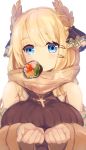  1girl absurdres azur_lane bare_shoulders blonde_hair blue_eyes breasts brown_coat brown_sweater coat coat_dress cross cross_necklace ehoumaki flower_ornament food highres jewelry large_breasts laurel_crown looking_at_viewer makizushi mouth_hold necklace open_clothes ribbed_sweater shika_(shika0) sleeveless_sweater solo sushi sweater taut_sweater_vest victorious_(azur_lane) victorious_(goddess&#039;_day_off)_(azur_lane) white_background 