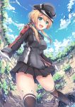  1girl anchor_hair_ornament aqua_eyes ass_visible_through_thighs black_ribbon blonde_hair cloud cloudy_sky day fisheye gloves hair_ornament hat highres iron_cross kantai_collection kneehighs long_hair long_sleeves low_twintails military military_hat military_uniform peaked_cap pleated_skirt prinz_eugen_(kantai_collection) ribbon skirt sky solo splashing twintails uniform water white_gloves yuriko 