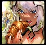  1boy 1girl bangs blonde_hair blue_eyes body_markings breasts caenis_(fate) cleavage closed_eyes croissant cup dark_skin eating fate/grand_order fate_(series) food formal galibo headpiece kirschtaria_wodime large_breasts long_hair looking_at_viewer open_mouth pauldrons smile suit tattoo teacup white_hair white_nails white_suit 