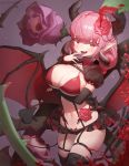  absurdres blush breasts cleavage demon_girl demon_tail demon_wings detached_sleeves eyeball flower garter_straps hair_flower hair_ornament highres horn horns keureu_(tiqkdtiqkd10) large_breasts midriff miniskirt navel original pink_hair pointy_ears red_hair rose short_hair short_sleeves skirt succubus tail thighhighs thorns tongue tongue_out wings 