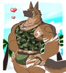 &lt;3 5_fingers anthro bandage blue_sky blush brown_body brown_fur bulge camo camo_print canid canine canis clawlion clothed clothing dog_tags domestic_dog fingers fur hi_res jockstrap male mammal markings nipples pink_nipples ring shirt sky solo tank_top tattoo topwear tree underwear 