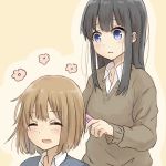  2girls bangs betock black_hair blue_eyes blush bob_cut brown_hair comb combing highres long_hair multiple_girls original school_uniform short_hair simple_background smile sweater v-neck 