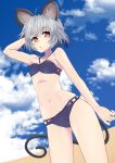  1girl animal_ear_fluff animal_ears arm_up armpits beach bikini black_bikini cloud cowboy_shot day dutch_angle grey_hair highres ishikkoro mouse_ears mouse_tail navel nazrin parted_lips red_eyes short_hair sky solo swimsuit tail touhou 