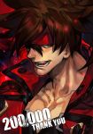  1boy :d black_shirt brown_eyes brown_hair english_text followers guilty_gear hankuri headband jacket long_hair looking_at_viewer male_focus number open_mouth red_jacket sanpaku shirt smile sol_badguy solo thank_you 