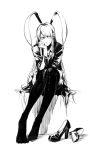  1girl animal_ears arm_strap bunny_ears closed_mouth greyscale high_heels highres jacket long_hair long_legs long_sleeves monochrome reisen_udongein_inaba ruukii_drift shoes_removed simple_background sitting solo thighhighs touhou very_long_hair white_background 