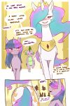  2:3 absurd_res anthro blush cold-blooded-twilight comic dialogue dragon english_text equid female feral friendship_is_magic hair hi_res horn larger_female male mammal multicolored_hair my_little_pony princess_celestia_(mlp) purple_body rear_view size_difference smaller_female smaller_male spike_(mlp) text twilight_sparkle_(mlp) unicorn white_body winged_unicorn wings 