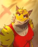  anthro blue_eyes clothed clothing fangs felid fur hi_res high-angle_view male mammal morenatsu pantherine red_clothing red_shirt red_topwear shirt solo striped_body striped_fur stripes tiger topwear torahiko_(morenatsu) video_games visual_novel xion_cleararms yellow_body yellow_fur 