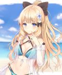  1girl atychi bikini blonde_hair blue_eyes bow breasts elf flower hair_bow hair_flower hair_ornament large_breasts long_hair pointy_ears ponytail princess_connect! princess_connect!_re:dive sasaki_saren smile solo swimsuit 