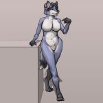  1:1 anthro big_breasts black_body black_fur black_hair blue_body blue_fur breasts canid canine canis colored digital_media_(artwork) digitigrade female fox fur gesture hair long_hair looking_at_another mammal nude pointing pose shaded simple_background sinser sketch solo standing thick_thighs tied_hair white_body white_fur 