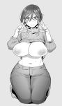  1girl areolae barefoot blush bow breasts cleavage clothes_lift denim double_w greyscale hair_bow jeans kneeling looking_at_viewer monochrome navel nipples original pants short_hair solo sweat sweater sweater_lift turtleneck turtleneck_sweater w yszw 