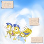  1:1 armor chariot_(vehicle) cold-blooded-twilight duo english_text equid equine feathered_wings feathers feral flying friendship_is_magic headgear helmet hi_res male mammal my_little_pony pterippus royal_guard_(mlp) sky text white_body wings 