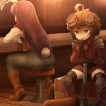  2girls ahoge alternate_costume animal_ears arm_rest bar bar_stool bench boots breastplate brown_footwear brown_hair brown_vest bunny_ears bunny_tail carrot_necklace commentary_request counter denim ear_covers eating facing_away from_behind gauntlets greaves holding holding_hammer inaba_tewi jeans light_particles long_hair long_sleeves looking_to_the_side multiple_girls pants purple_hair red_eyes reisen_udongein_inaba shirosato shirt short_hair shoulder_armor sitting spaulders stool tail touhou vambraces very_long_hair vest white_shirt wooden_floor 