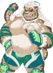  2020 anthro belly bottomwear clothing exe_exem felid hombretigre humanoid_hands kemono m0000rgn male mammal moobs navel nipples one_eye_closed overweight overweight_male pantherine shorts simple_background solo tiger tokyo_afterschool_summoners video_games white_background wink 