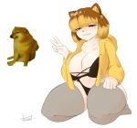  5_fingers accessory animal_humanoid big_breasts black_clothing black_underwear bra breasts canid canid_humanoid canine canine_humanoid canis cheems cleavage clothed clothing dog_humanoid dogelore domestic_dog female fingers gesture hair hair_accessory hairclip hi_res hoodie humanoid kneeling legwear lidded_eyes looking_at_viewer mammal mammal_humanoid meme nezulet shiba_inu simple_background smile solo spitz thick_thighs thigh_highs topwear underwear v_sign white_background yellow_hoodie 