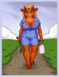  anthro big_breasts bovid bovine breasts cattle clothed clothing female hi_res horn huge_breasts long_ears mammal smile solo text url vylfgor 