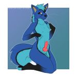  1:1 2020 5_fingers alpha_channel anthro black_nose blue_body blue_fur blue_hair canid canine digital_media_(artwork) excitedcargoyle fingers fox fur hair hi_res kneeling knot looking_at_viewer male mammal purple_eyes smile solo toes 