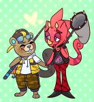  &lt;3 2020 3_toes animal_crossing anthro backwards_baseball_cap baseball_cap beaver blush butterfly_net c.j._(animal_crossing) chameleon clothing dotted_background duo eyebrows eyes_closed eyewear eyewear_on_head fishing_rod flick_(animal_crossing) freckles green_background half-closed_eyes hand_holding hat headgear headwear hi_res horn jacket leather leather_jacket lizard male mammal maskarie narrowed_eyes nintendo open_mouth open_smile pattern_background purple_eyes raised_inner_eyebrows red_body reptile rodent scalie simple_background smile standing sunglasses sunglasses_on_head tan_body toes topwear vest video_games yellow_horn 